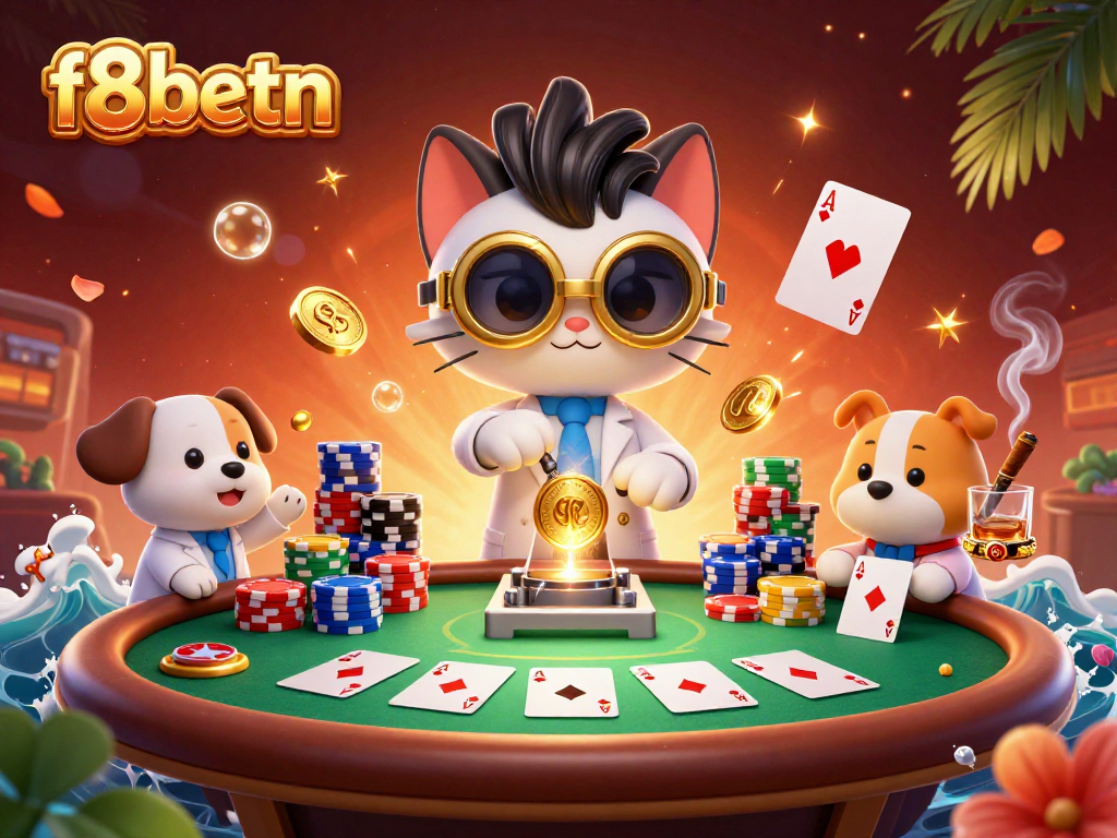 Join the excitement at f8betn with a thrilling 3D casino scene featuring our mad scientist cat and loyal dog.