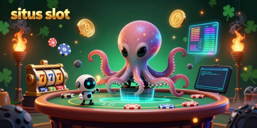 Gelanggang permainan situs slot dengan karakter gurita alien dan robot, menunjukkan keberuntungan dan keseruan.