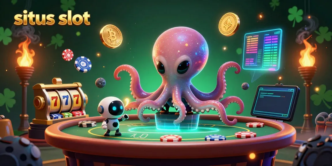 Gelanggang permainan situs slot dengan karakter gurita alien dan robot, menunjukkan keberuntungan dan keseruan.