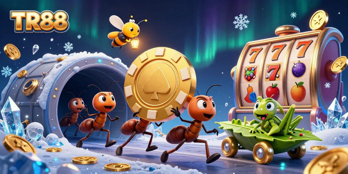 Ants from TR88 orchestrating a casino heist with poker chips and slot reels.