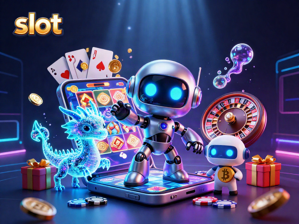 Play a vibrant slot game with a futuristic robot, AI dragon, and bitcoin drone assistant.