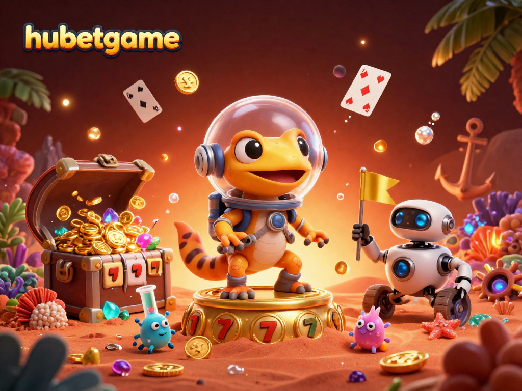 Experience the thrill of hubetgame with a Martian gecko uncovering a golden casino amidst dynamic gaming elements.
