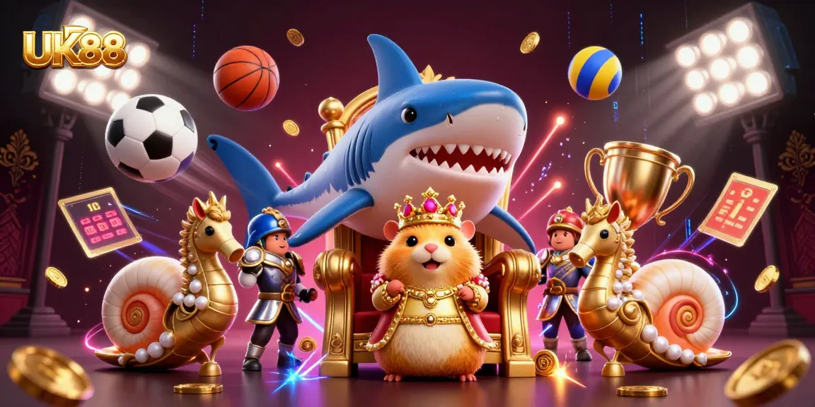 Bet on UK88 and experience an energetic casino scene with a hamster king amidst sports elements.