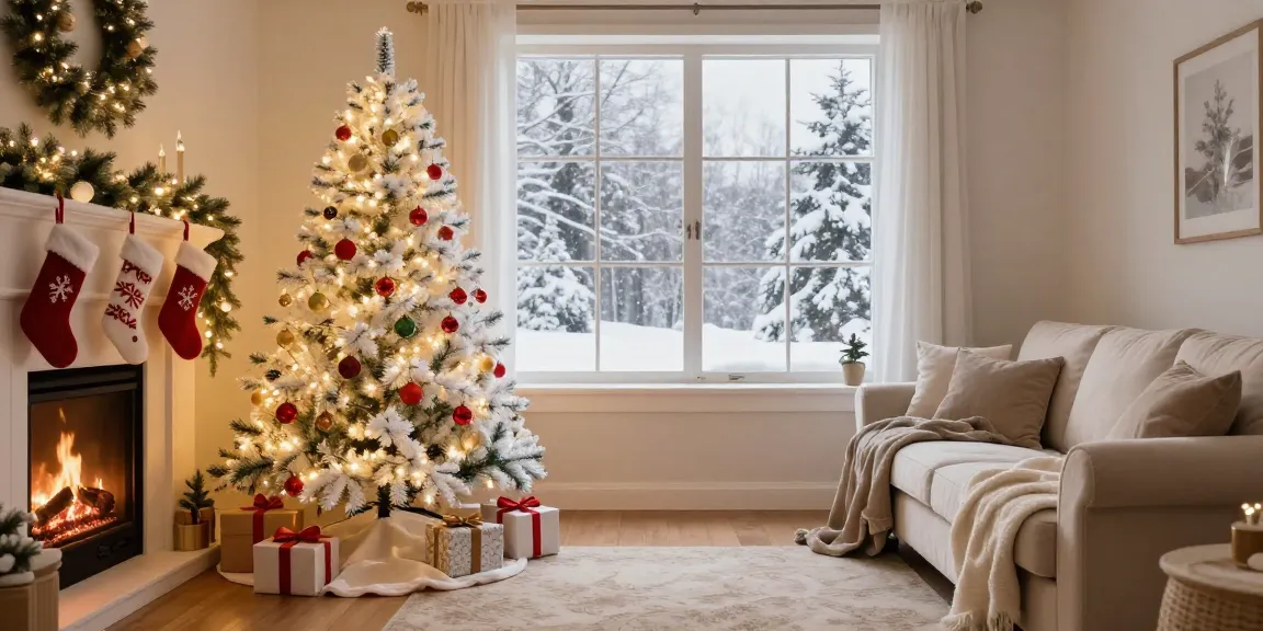 Stunning artificial white xmas tree in a cozy holiday living room setting, adorned with lights and decorations.
