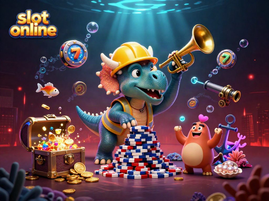 Engage in thrilling slot online adventures with a vibrant underwater casino scene featuring dynamic characters.