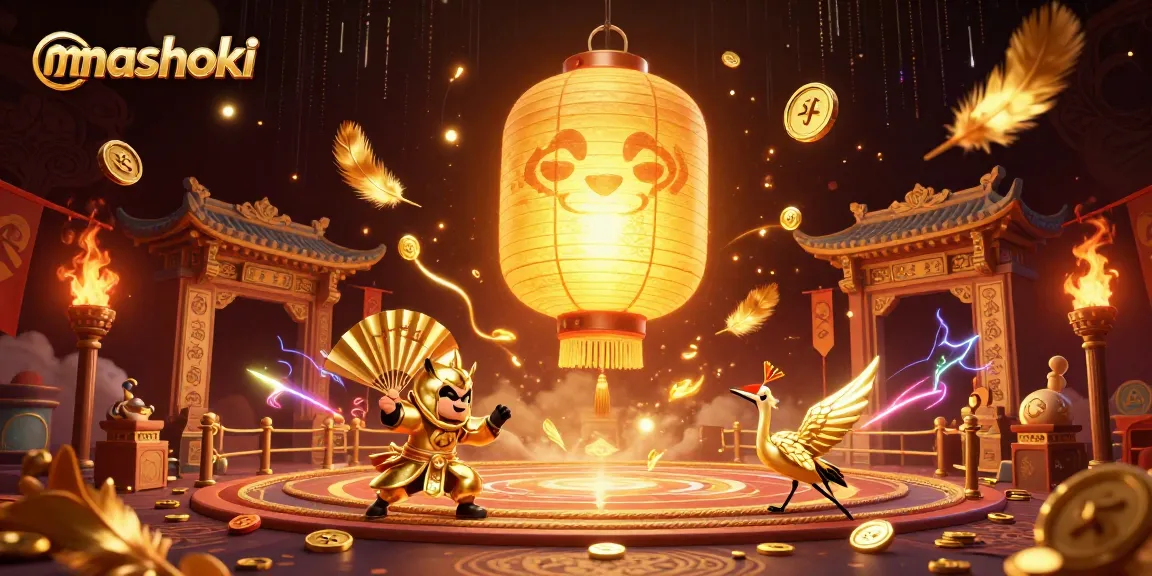 Engage with mashoki's vibrant casino scene full of golden lanterns and animated warriors.