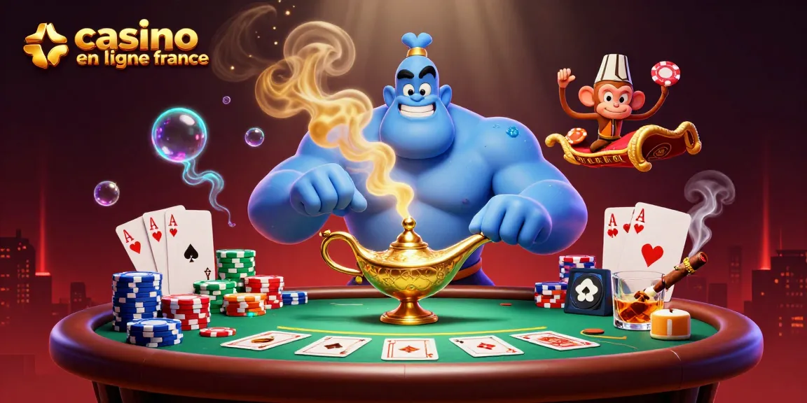 Casinos en ligne France avec une illustration 3D de génie, poker et tapis volant
