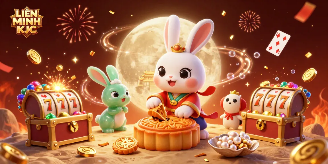 Experience the excitement of LIÊN MINH KJC with a vibrant illustration of a moon rabbit gambling with casino elements.