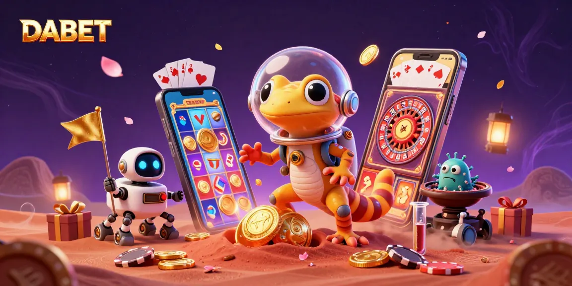 DABET showcases a 3D Martian gecko amidst a golden casino scene, surrounded by vibrant gaming elements.