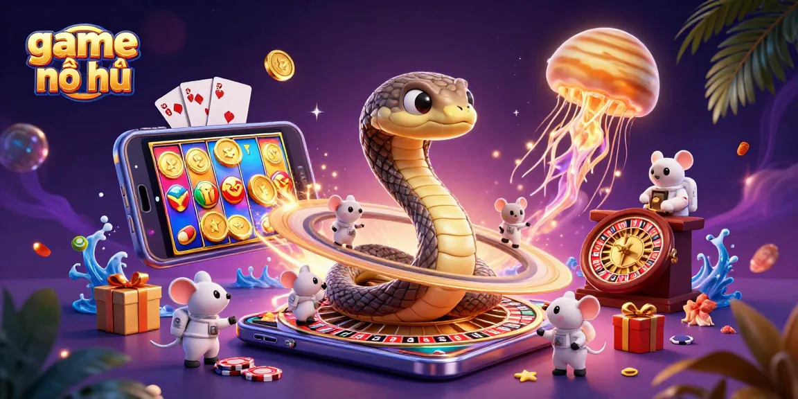 Engage in game nổ hũ with a vibrant 3D cosmic scene featuring unique slot characters and dynamic gaming elements.
