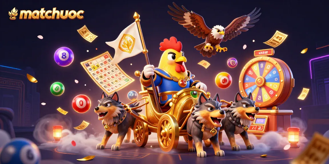 Engage in thrilling lotteries with matchuoc, featuring dynamic colorful elements and a powerful rooster warlord theme.