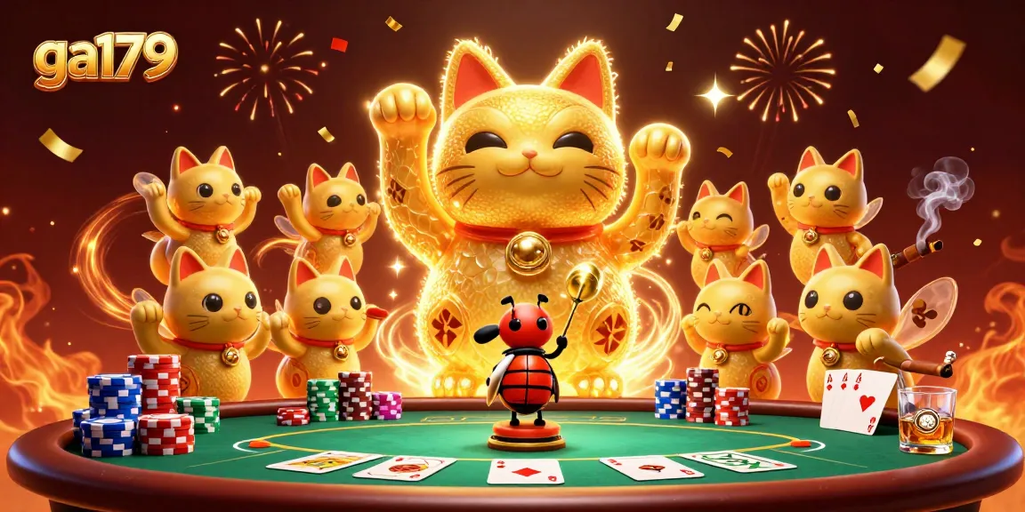 Experience ga179 with a lucky cat, fireflies, and dynamic poker elements!