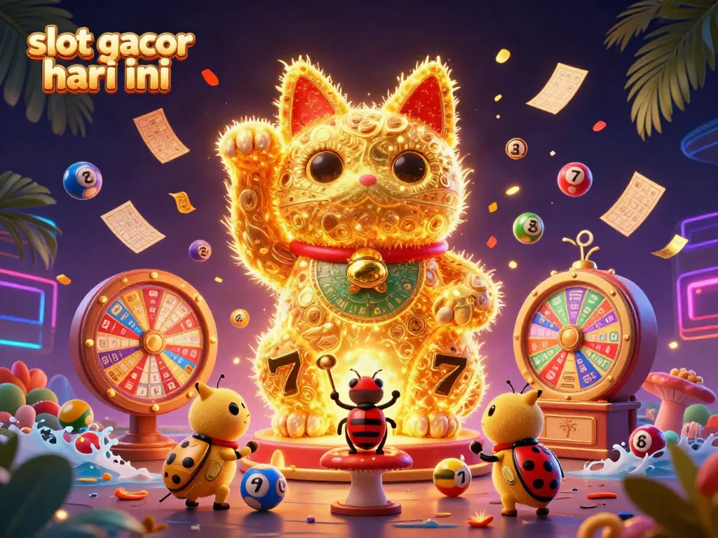 Experience slot gacor hari ini as a vibrant lucky cat made of golden fireflies waves among casino symbols, embodying fun.