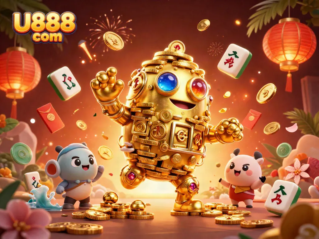 Experience thrilling action at U888 com with a vibrant 3D illustration showcasing dynamic slot game elements.