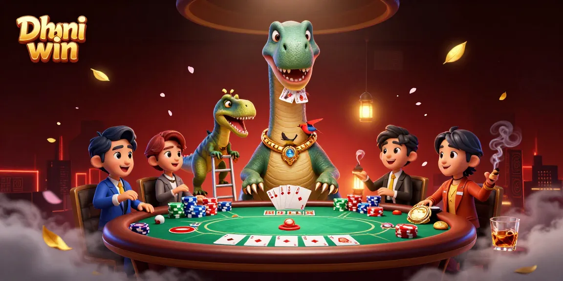 Dhani win gaming scene with a brontosaurus and clever raptor at a poker table, showcasing vibrant casino elements.
