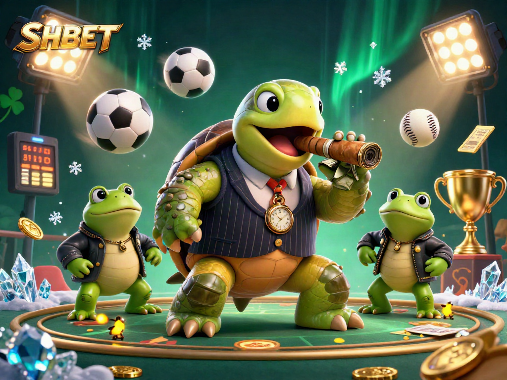 Engage with SHBET's dynamic casino atmosphere showcasing a snapping turtle mobster and frog enforcers amid sports betting excitement.