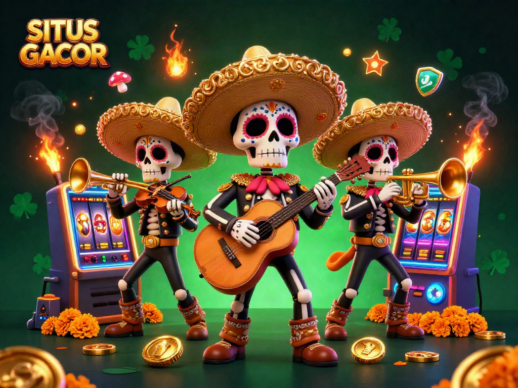 SITUS GACOR showcases a vibrant 3D mariachi band immersed in thrilling slot gaming action.