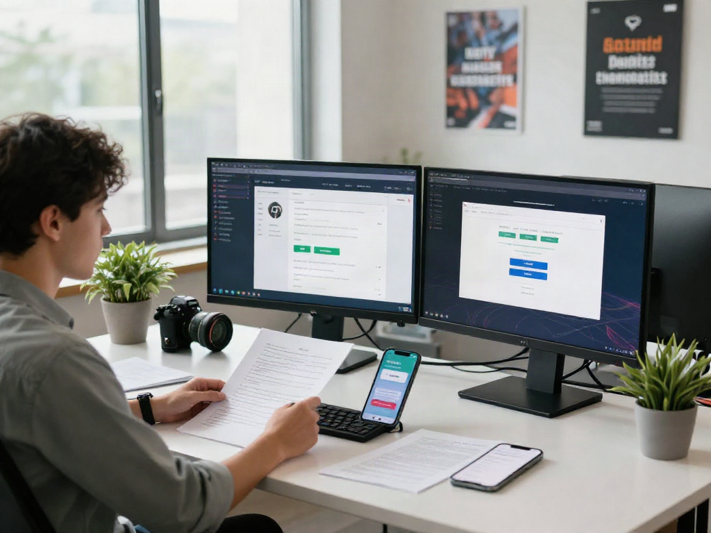 Engaged professional researching 먹튀스팟 검증사이트 in a modern workspace