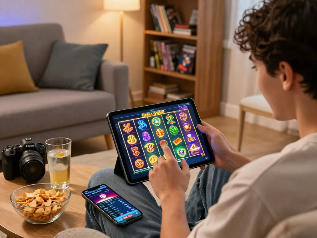 User engaged in playing a vibrant slot game on a tablet in a cozy living room, showcasing the excitement and experience of online gaming.