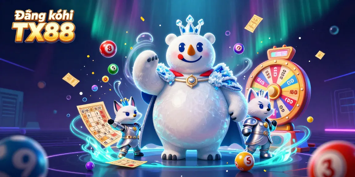 Engage in Đăng ký TX88 with a vibrant scene of a cartoon ice king and snow fox amidst colorful gambling elements.