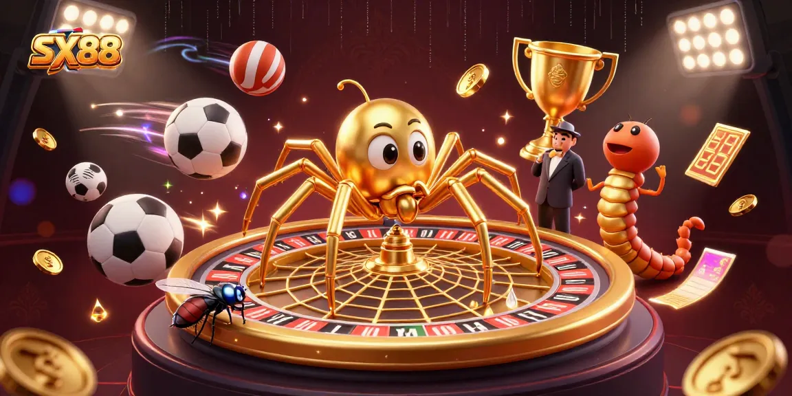 SX88 engages with a vibrant 3D scene of a golden spider and fly in a roulette-themed animation.