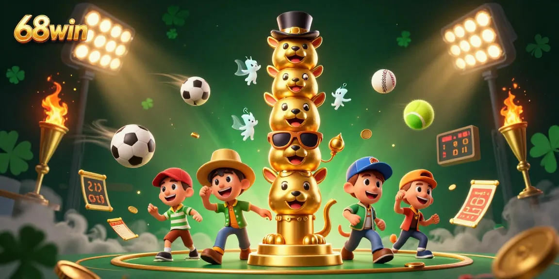 Join the excitement at 68win with animated casino characters and sports elements in a dynamic scene.